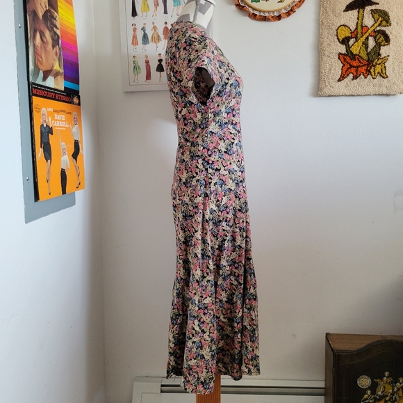 Vintage Black + Multicolor Floral Tea Length Dress - Picture 3 of 6